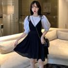 Plain Puff-sleeve Blouse / V-neck Sleeveless Dress