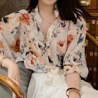 Long-sleeve V-neck Floral Loose Fit Blouse