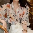 Long-sleeve V-neck Floral Loose Fit Blouse