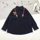 Long Sleeve Squirrel & Suspender Embroidered Shirt Navy Blue - One Size