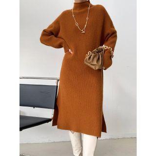 Mock-neck Slit Knit Midi Sweater Dress