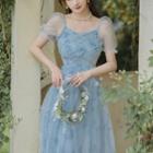 Puff-sleeve Rhinestone Tie-dyed Midi A-line Dress