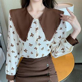 Long-sleeve Wide Collar Bow Print Blouse