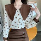 Long-sleeve Wide Collar Bow Print Blouse
