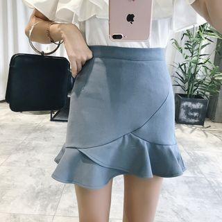 Flounced-hem Mini Pencil Skirt