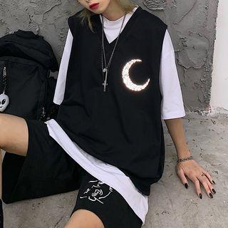 3/4-sleeve T-shirt / Sleeveless Moon Printed T-shirt / Embroidered Cartoon T-shirt