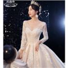 V-neck 3/4-sleeve Floral Embroidered A-line Wedding Gown
