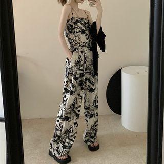 Spaghetti Strap Print Loose Fit Jumpsuit / Cardigan