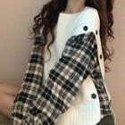 Mock Two-piece Long-sleeve Knit Panel Plaid Top