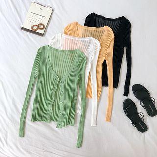 Long-sleeve V-neck Ribbed Lightweight Knit Cardigan