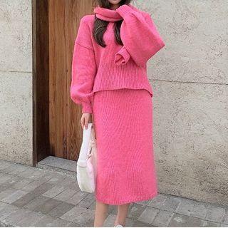 Plain Sweater / Scarf / Midi Skirt / Set