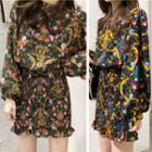 Floral Lantern-sleeve Slim-fit Dress