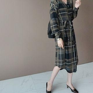 V-neck Plaid Mini Shirtdress With Sash