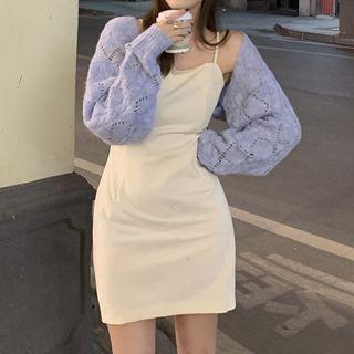 Puff-sleeve Cardigan / Spaghetti Strap Dress