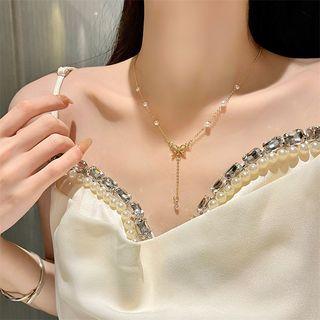 Bow Pendant Faux Pearl Alloy Necklace Gold - One Size