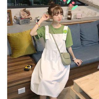 Elbow-sleeve T-shirt / Flower Detail A-line Midi Dungaree Dress