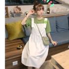 Elbow-sleeve T-shirt / Flower Detail A-line Midi Dungaree Dress