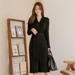 V-neck Slit-front Knit Dress With Belt Black - One Size
