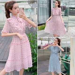 Flower Print Tie-neck Short-sleeve Midi A-line Dress