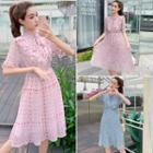 Flower Print Tie-neck Short-sleeve Midi A-line Dress
