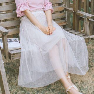 Lace Trim Midi Suspender Mesh Skirt