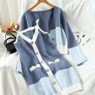 Set: Color Block Cardigan + Spaghetti Strap Mini Knit Dress Cardigan & Strap Dress - Blue - One Size