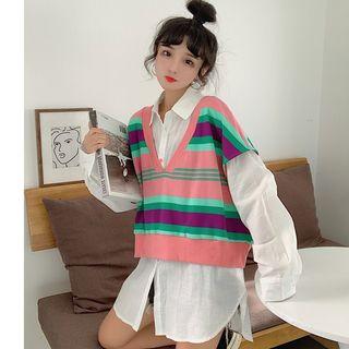 Set: Plain Oversize Shirt + Striped V-neck Vest