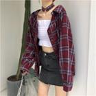Set: Plaid Shirt + Choker Set - Shirt - Plaid - Red & Gray - One Size / Chocker - Plaid - Red & Gray - One Size
