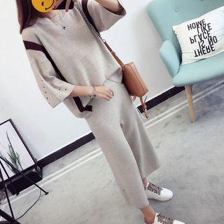 Set: Eyelet Detail 3/4-sleeve Sweater + Knitted Wide Leg Pants