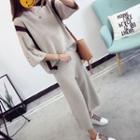 Set: Eyelet Detail 3/4-sleeve Sweater + Knitted Wide Leg Pants