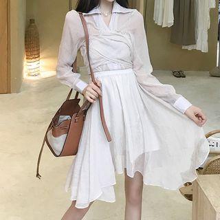 Long-sleeve Crisscross Shirt / High-waist Asymmetric Skirt