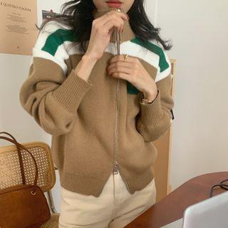 Stand Collar Color Block Zip-up Cardigan