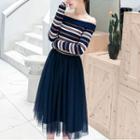Set: Off-shoulder Striped Sweater + Midi A-line Mesh Skirt