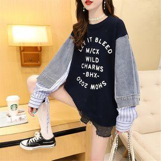 Mock Two-piece Denim Panel Lettering Sweater