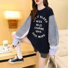 Mock Two-piece Denim Panel Lettering Sweater