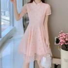 Short-sleeve Dot Mesh Mini Qipao Dress