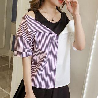 Pinstripe Panel Open Bangle Short-sleeve Blouse