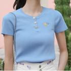 Short-sleeve Embroidered Henley Knit Top