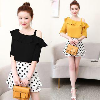 Set: One Shoulder Ruffled Chiffon Top + Dot Print A-line Shorts