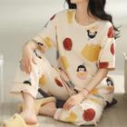 Loungewear Set : Short-sleeve Print T-shirt + Pants