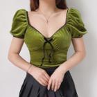 Velvet Puff-sleeve Cropped Top