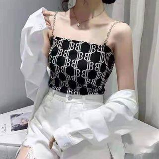 Lettering Chain Strap Knit Camisole Top