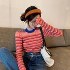 Long-sleeve Striped Knit Top Panel - Orange & Blue - One Size