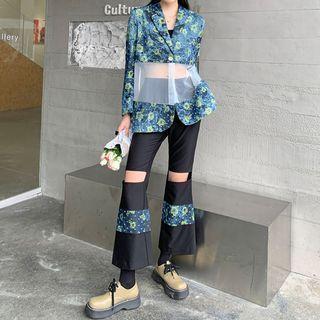 Mesh Panel Floral Print Blazer / Boot-cut Pants