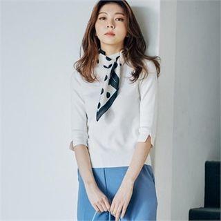 Monk-neck Elbow-sleeve Knit Top
