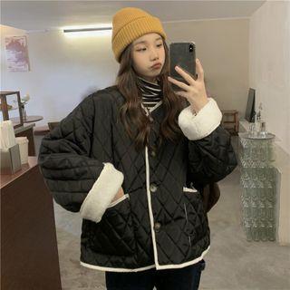 Round Neck Contrast Trim Fleece-lined Quilted Jacket