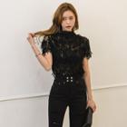 Fringed Short-sleeve Tulle Top