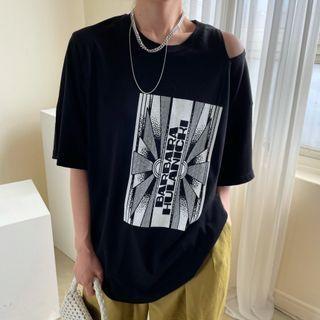 Asymmetrical Cold-shoulder Printed T-shirt