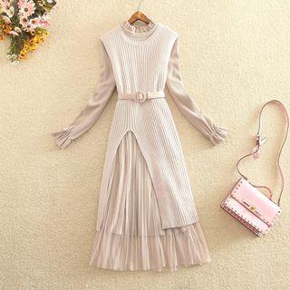 Set: Long-sleeve A-line Midi Dress + Slit Long Knit Vest