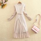 Set: Long-sleeve A-line Midi Dress + Slit Long Knit Vest